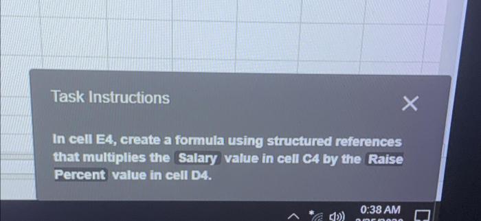 In cell e4 create a formula using structured references