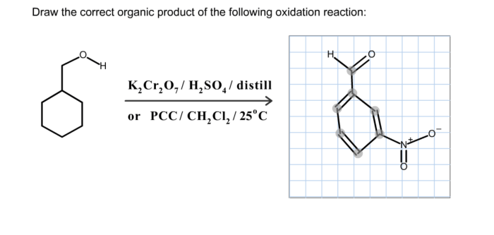 Draw the correct organic product for the oxidation reaction: